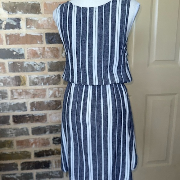 Old Navy Blue White Stripe Linen Blend Mini Dress Cinch Waist Drawstring Tie SzM - Picture 10 of 10